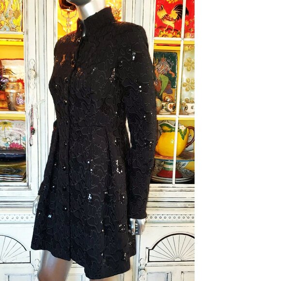 Vintage Betsey Johnson Black Peacoat Embroidered Sequin Dress Coat Jacket S 2 - Picture 12 of 16